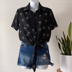 FICTION Black Collared Shirt with White Palm Trees